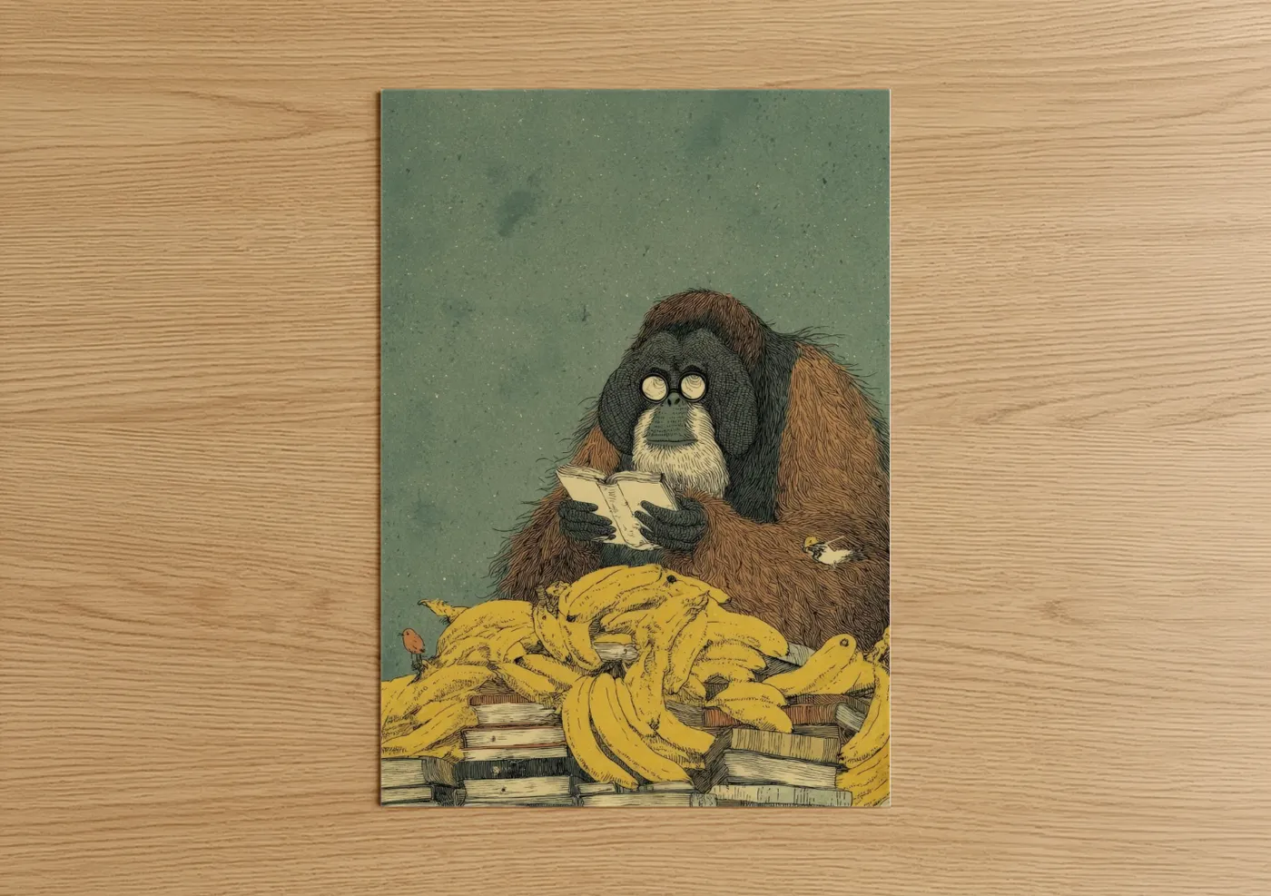 Art print on warm oak wood — green and gold palette — Reading Orangutan poster