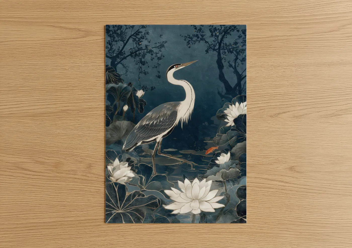 Art print on warm oak wood — teal and white palette — Elegant Heron Pond poster