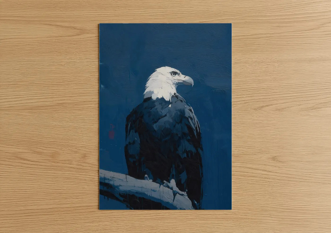 Art print on warm oak wood — blue and white palette — Majestic Blue Eagle poster