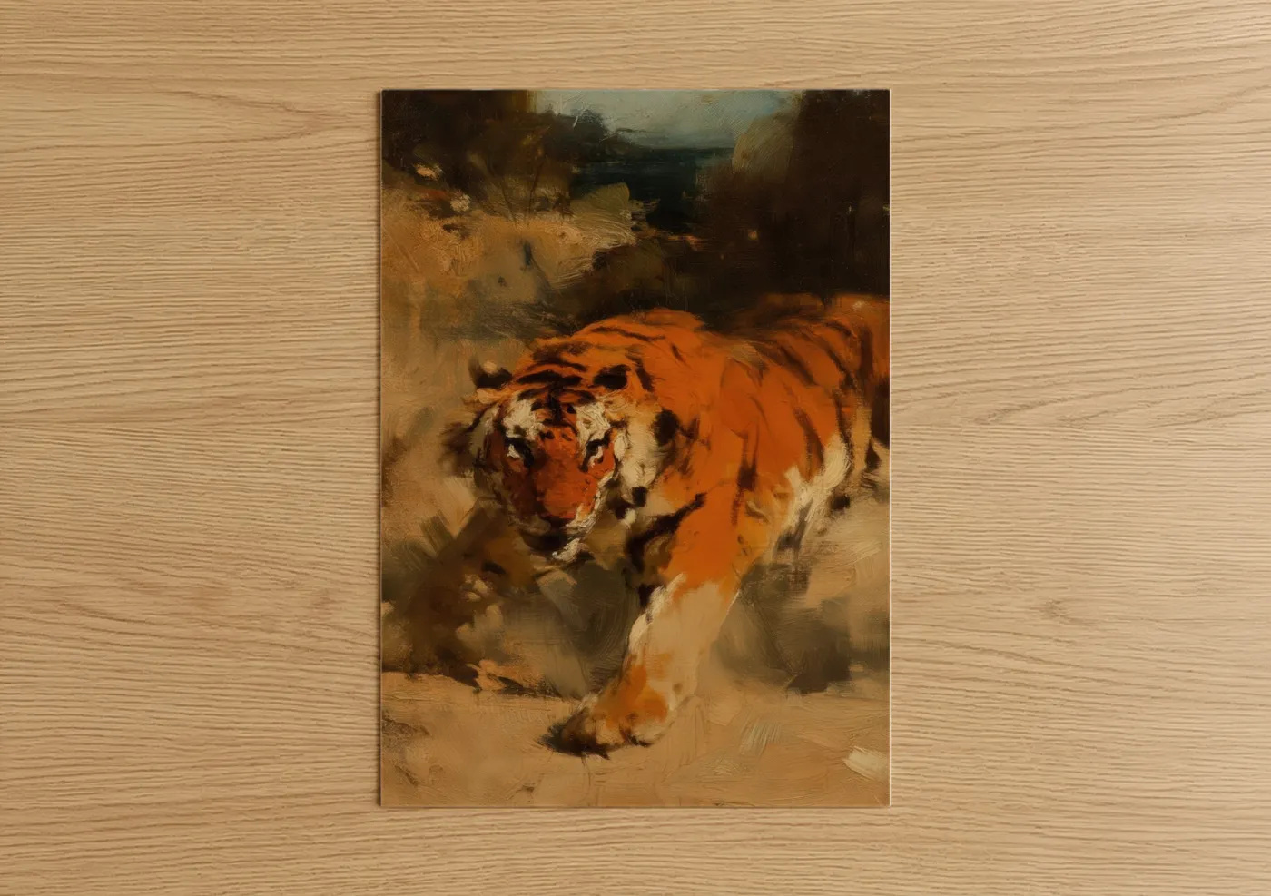 Art print on warm oak wood — orange and brown palette — Prowling Tiger poster