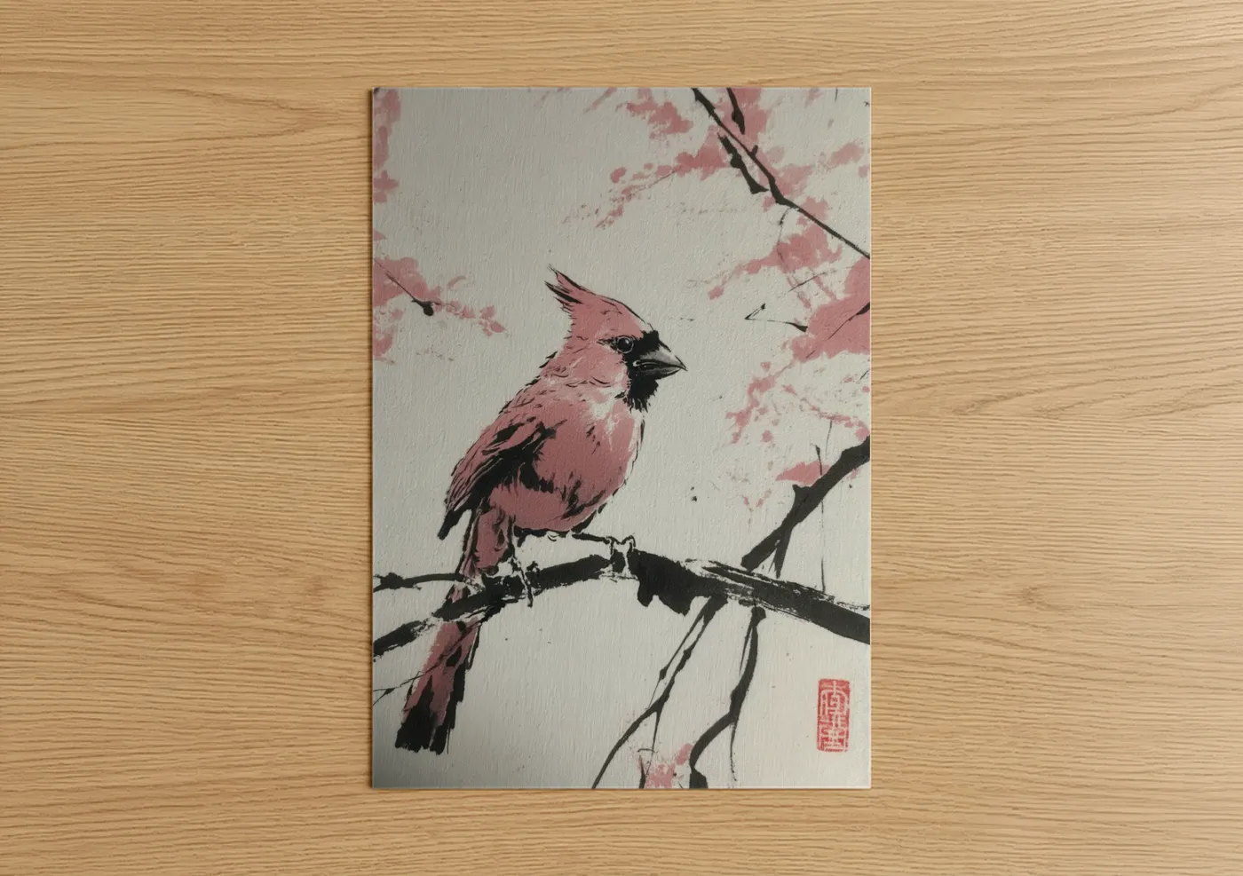 Art print on warm oak wood — salmon pink and black and white palette — Crimson Cardinal Branch poster