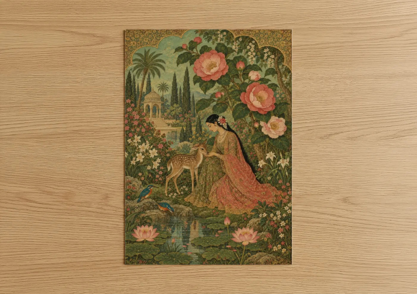 Art print on warm oak wood — gold and green palette — Persian Garden Lotus Deer Temple Wall Art poster