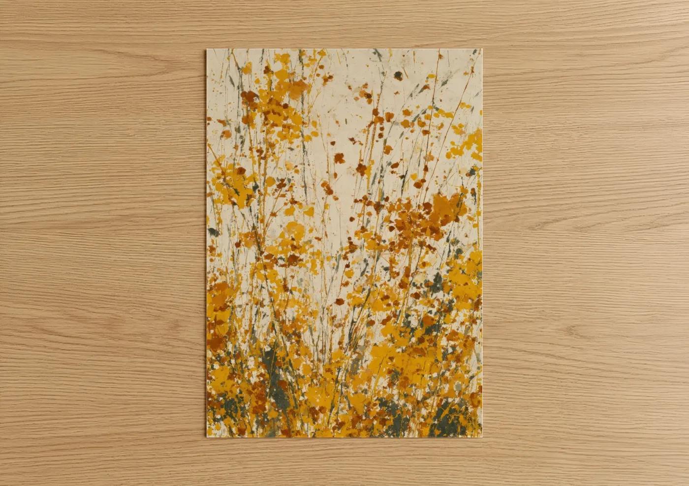 Art print on warm oak wood — yellow gold and cream palette — Golden Grain Field poster