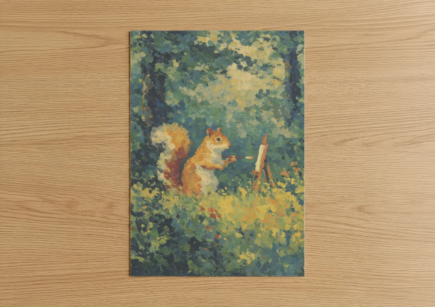 Art print on warm oak wood — yellow gold and true green palette — Forest Squirrel poster