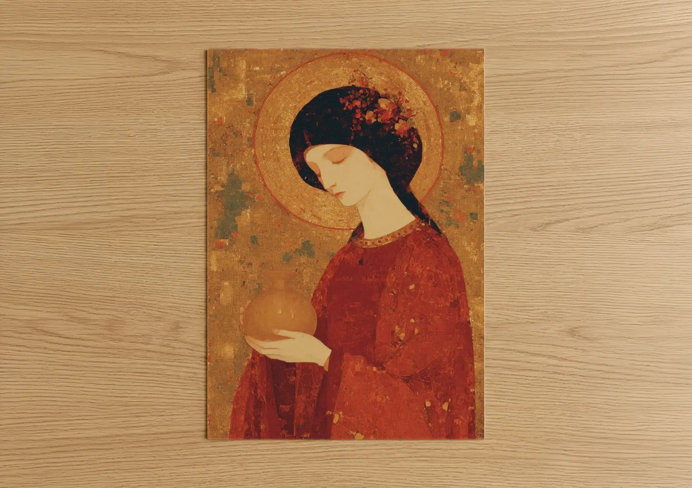 Mary magdalena art print on warm oak wood — gold and red palette — Contemplative Magdalena poster