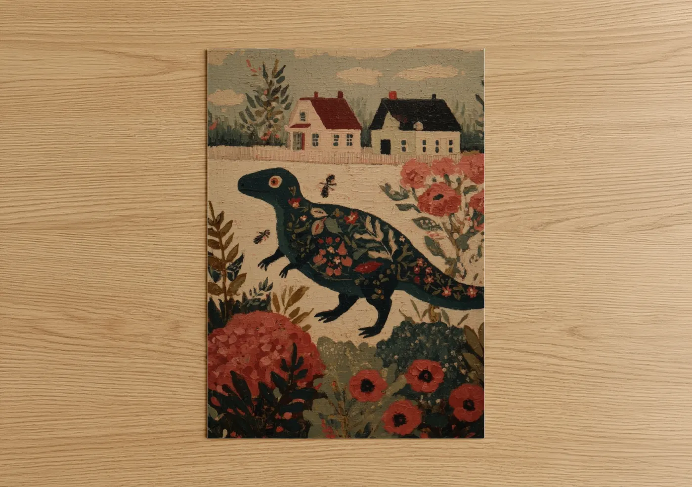 Cottage Dinosaur Folk Art Illustration Wall Art