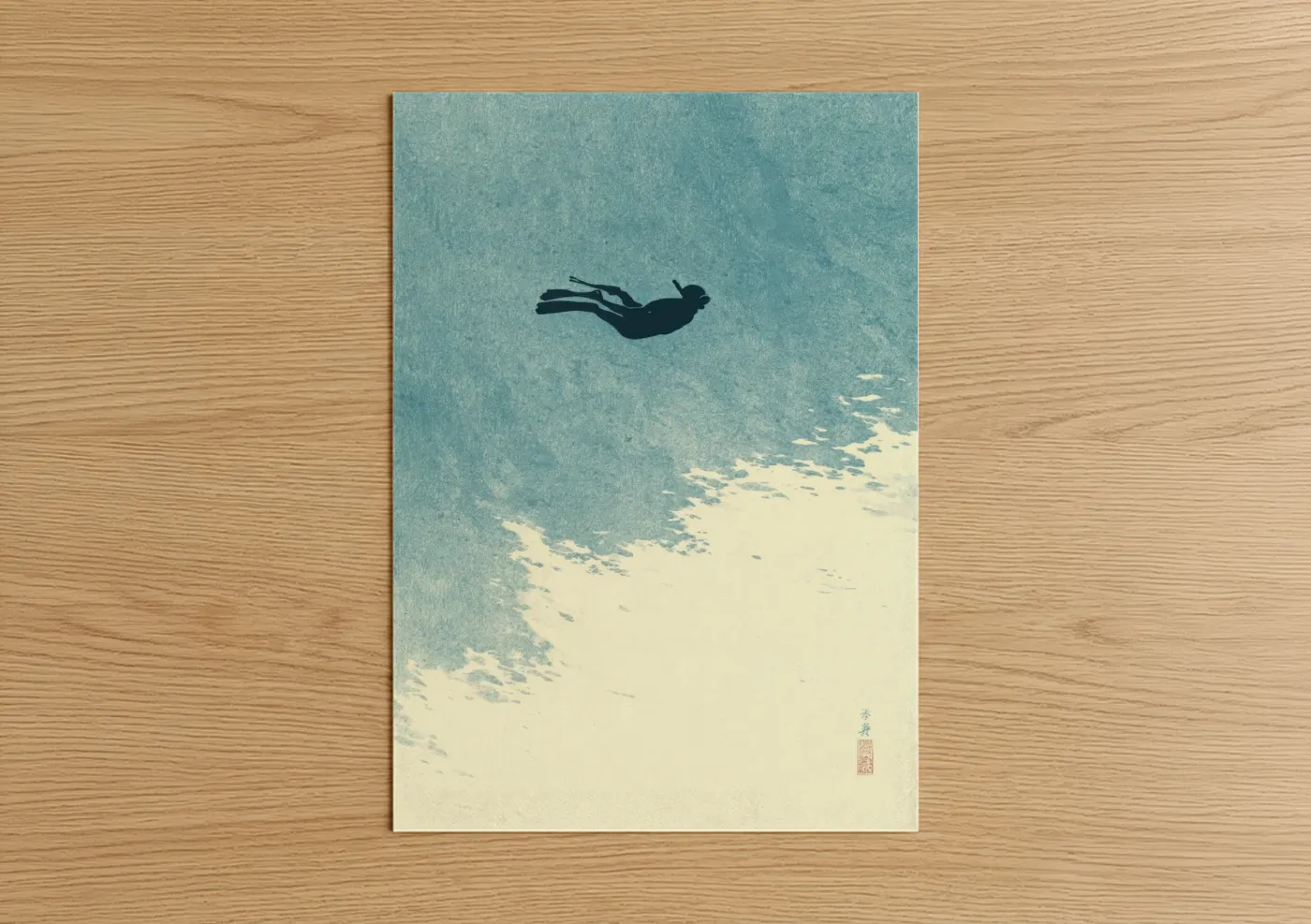 Snorkeling art print on warm oak wood — blue and white and aquamarine palette — Serene Diver poster