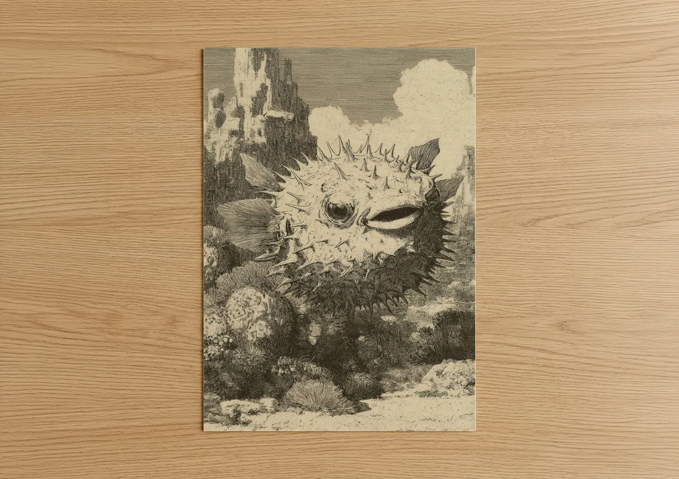 Spiky Puffer Fish Vintage Engraving Wall Art