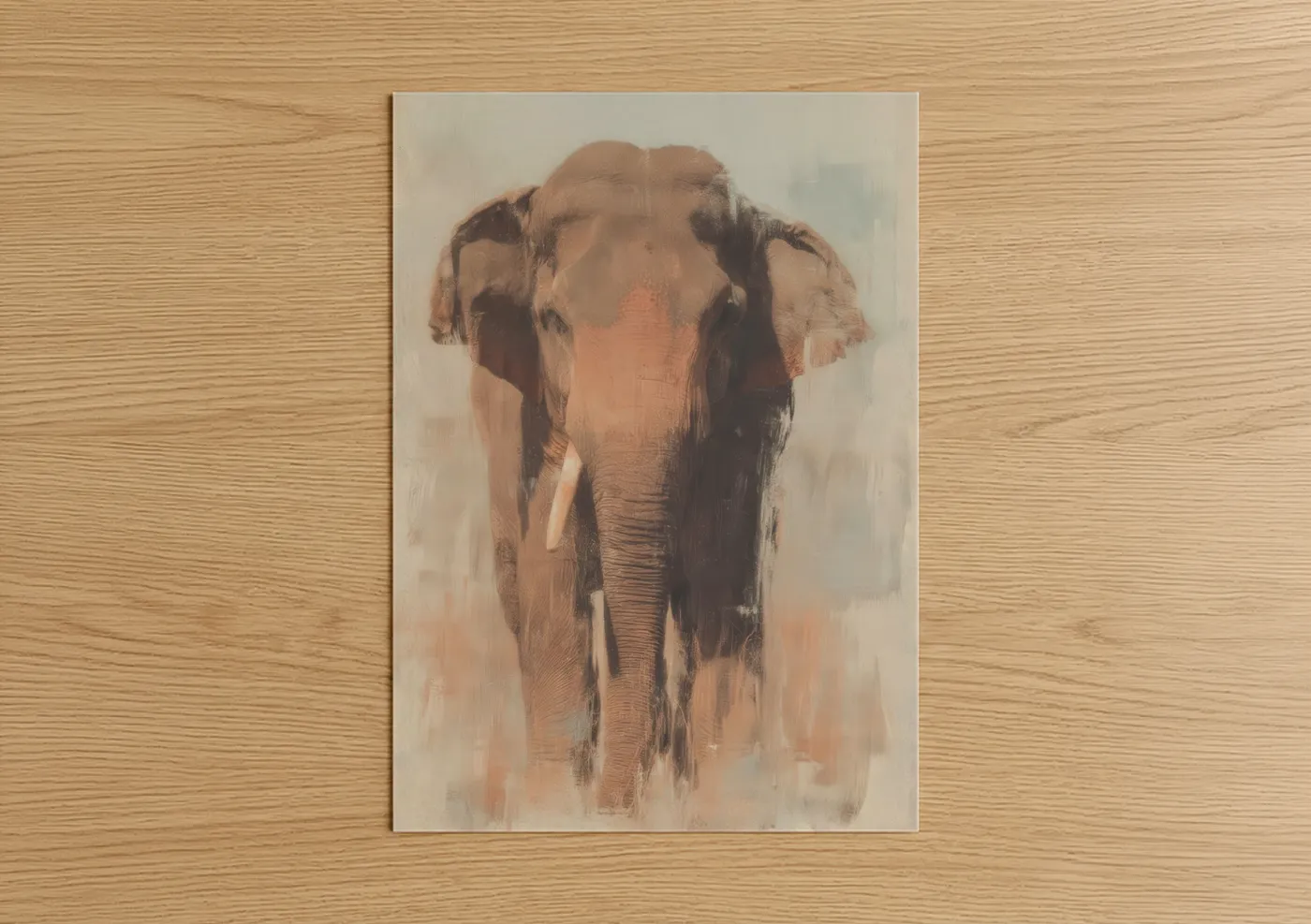 Asian elephant art print on warm oak wood — beige and peach palette — Serene Elephant poster