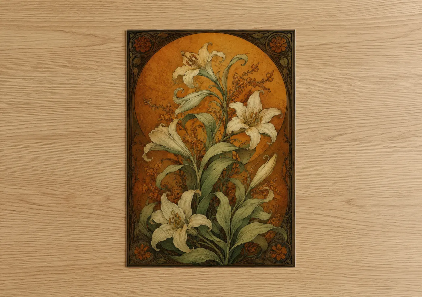 Art print on warm oak wood — orange and cream palette — White Lily Art Deco Wall Art poster
