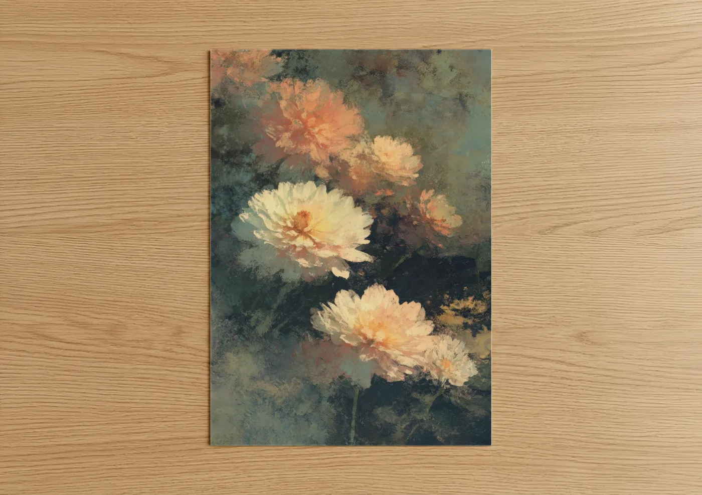 Art print on warm oak wood — cream and teal palette — Vintage Dahlia poster