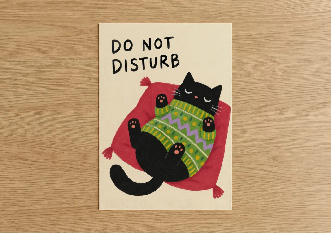 Art print on warm oak wood — red and black palette — Sleeping Black Cat on Cushion Wall Art poster