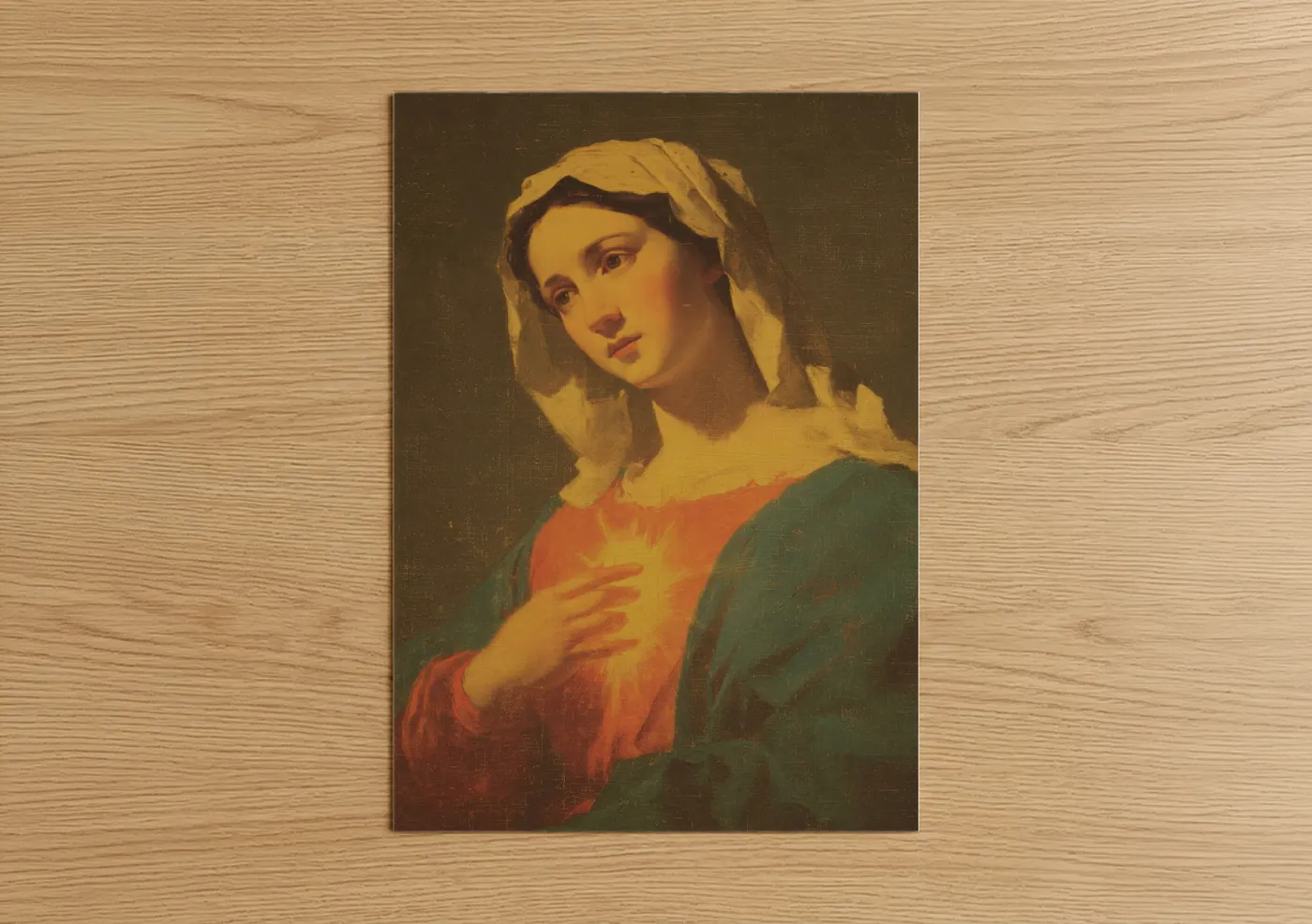 Art print on warm oak wood — gold and maroon palette — Serene Virgin Mary poster