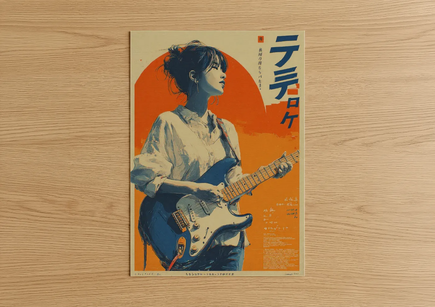 Vintage japanese ads art print on warm oak wood — pumpkin and dark blue palette — Retro Guitarist poster