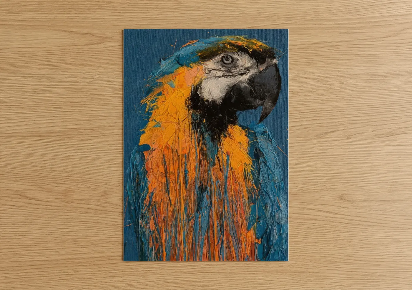 Art print on warm oak wood — blue and gold and orange palette — Tropical Macaw Portrait poster