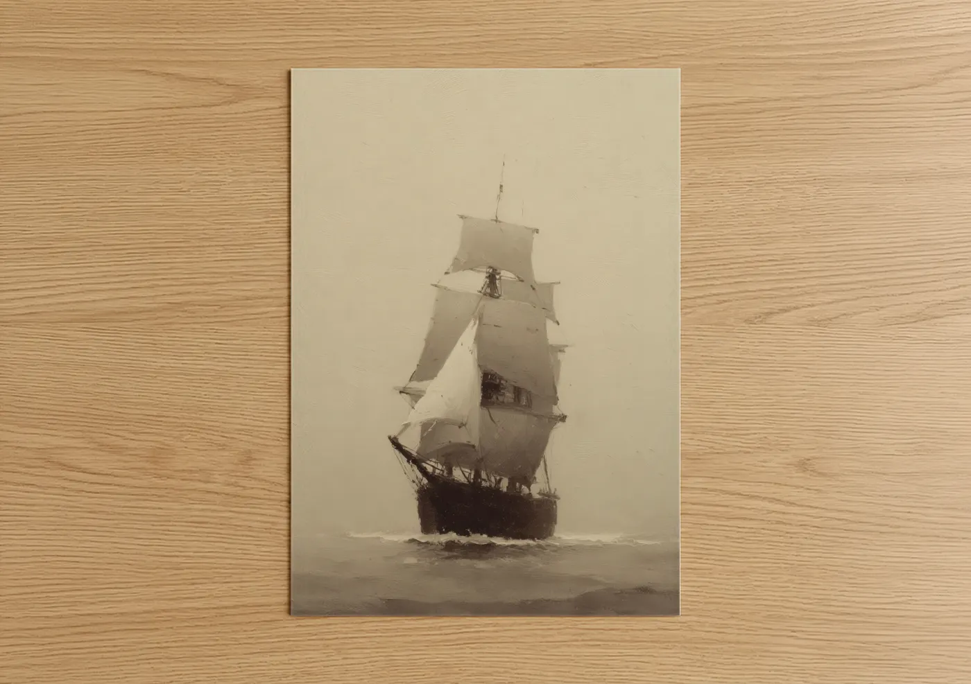 Old ships art print on warm oak wood — cream and black palette — Misty Clipper Ship poster