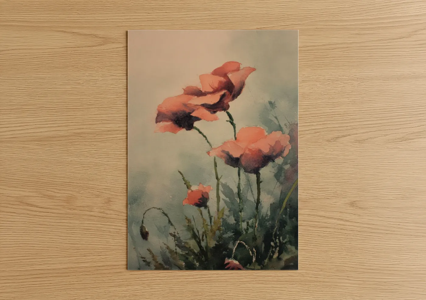 Coral Poppies Watercolor Painting Wall Art