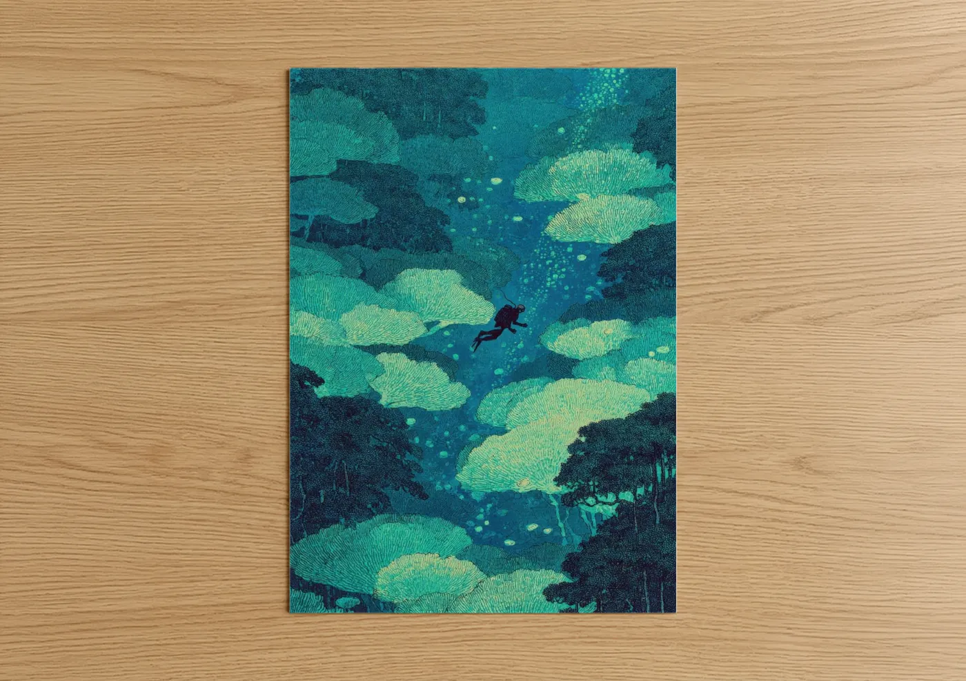 Art print on warm oak wood — teal and turquoise palette — Coral Reef Diving poster