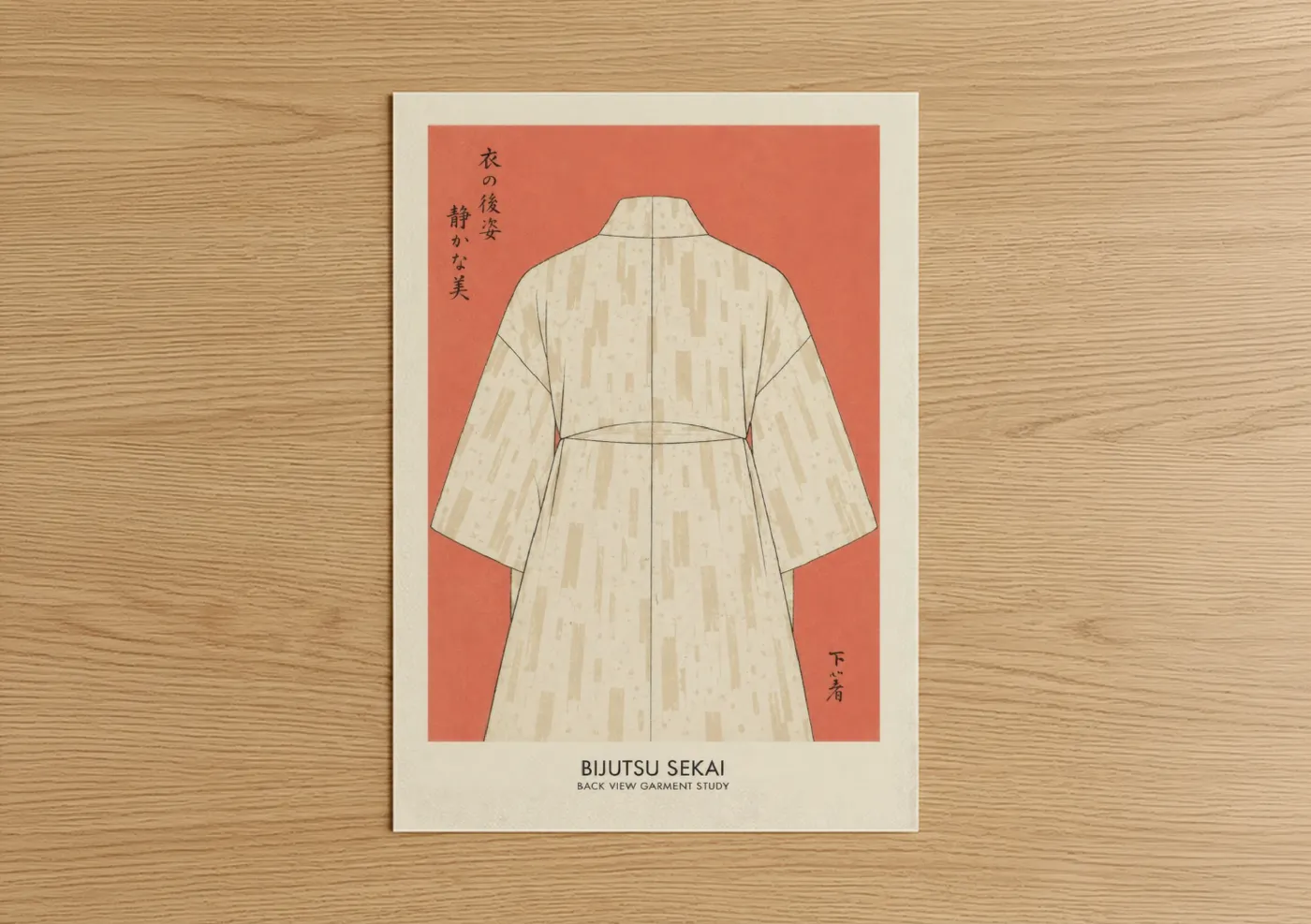 Art print on warm oak wood — peach and cream palette — Japanese Kimono Fashion Illustration Wall Art poster