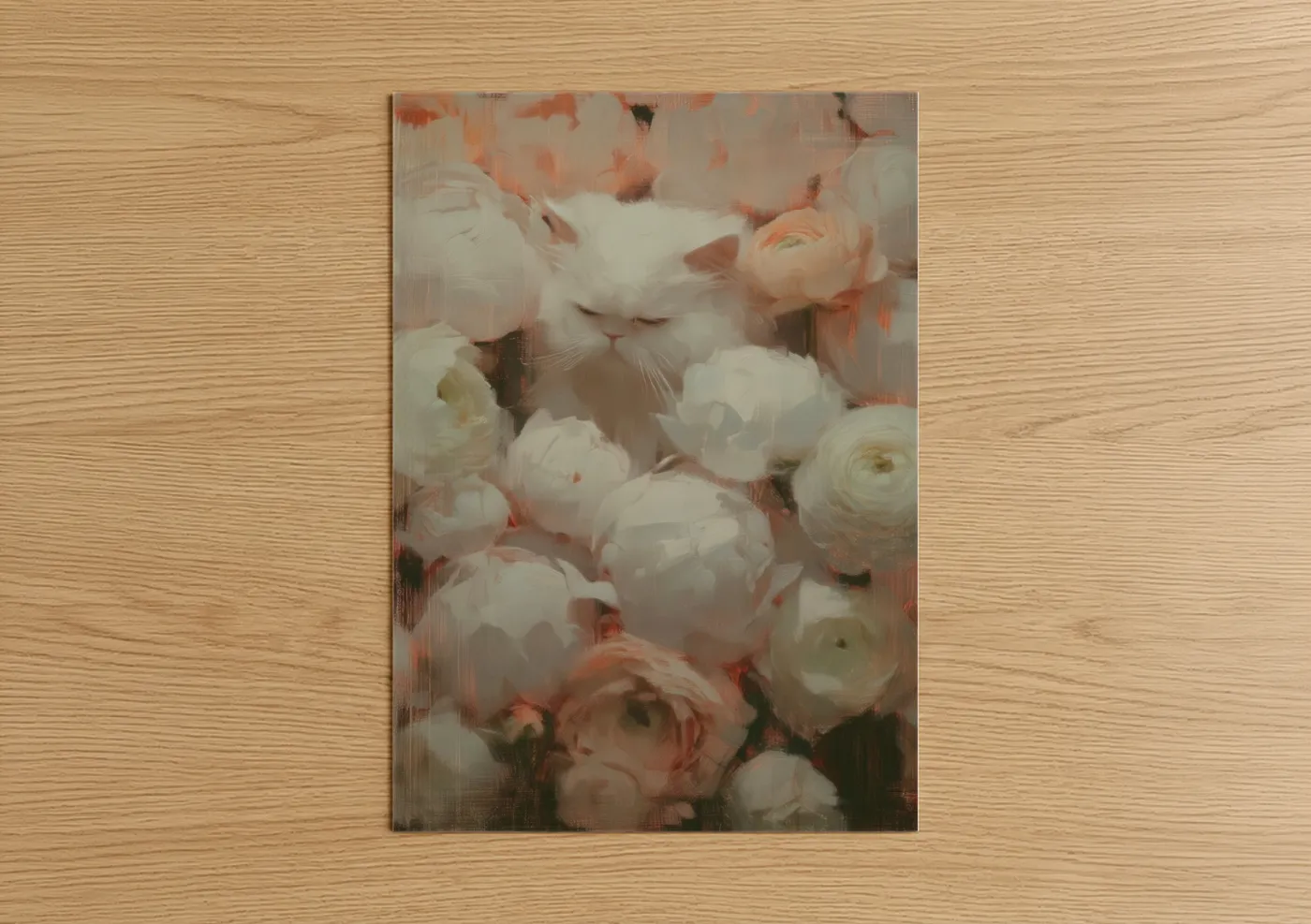 Art print on warm oak wood — peach and white palette — Floral Cat Dream poster