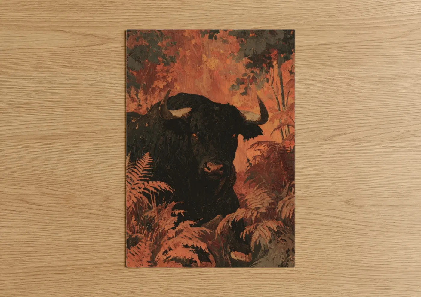 Art print on warm oak wood — russet and gold palette — Taurus Bull Wilderness poster