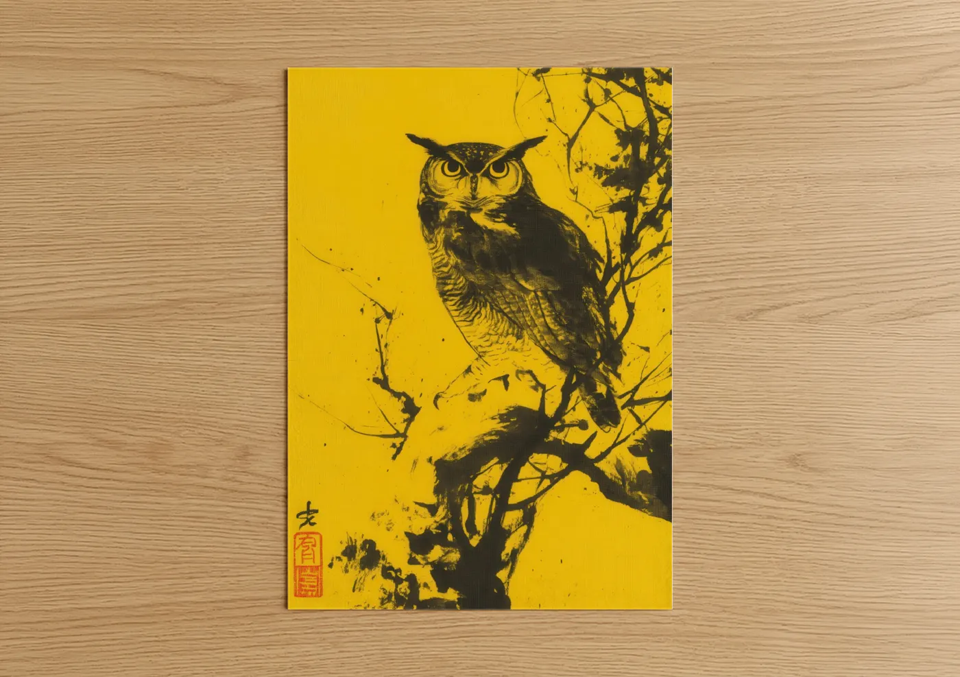 Golden Owl Perch Japanese Woodblock Wall Art