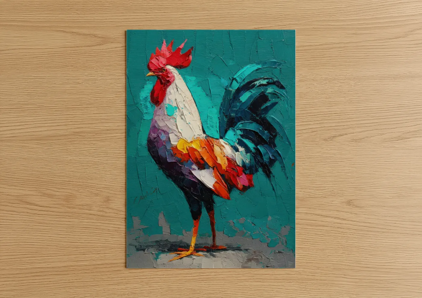 Chicken and roosters art print on warm oak wood — teal and red palette — Turquoise Rooster poster