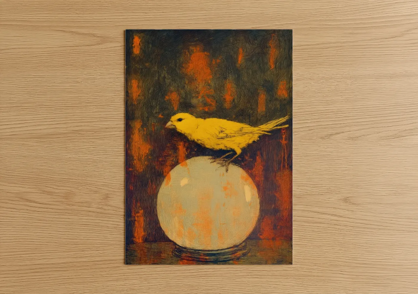 Canaries art print on warm oak wood — gold and orange palette — Golden Canary Perch poster