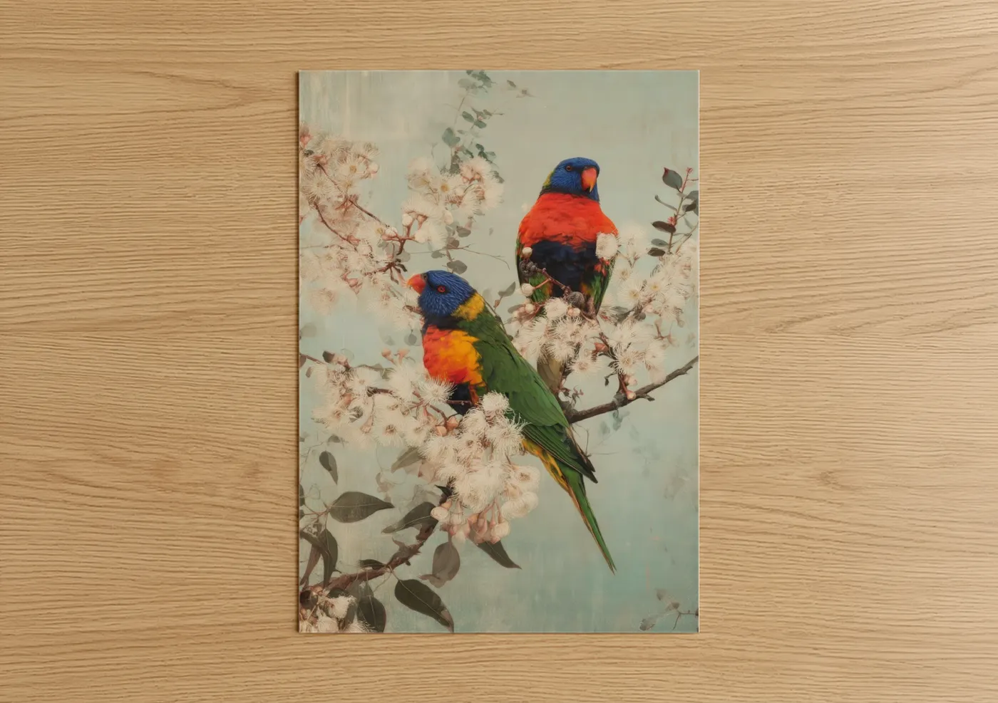 Art print on warm oak wood — blue and cream palette — Rainbow Lorikeets Perched poster