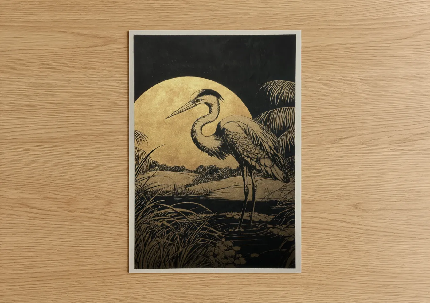 Art print on warm oak wood — black and gold and cream palette — Moonlit Heron poster