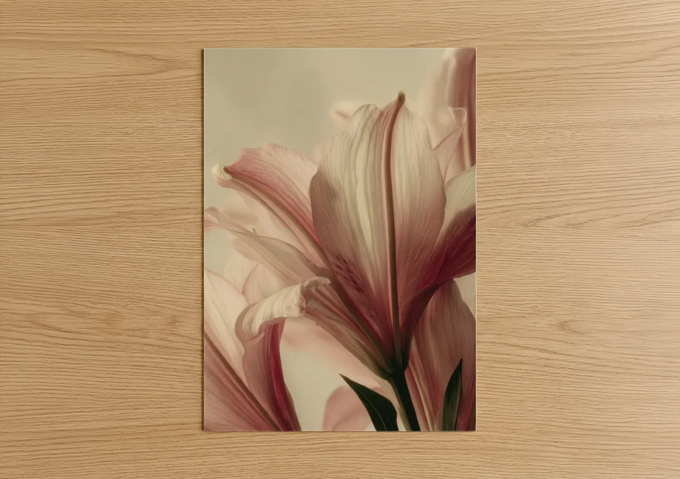 Art print on warm oak wood — peach and cream palette — Soft Pink Lily poster