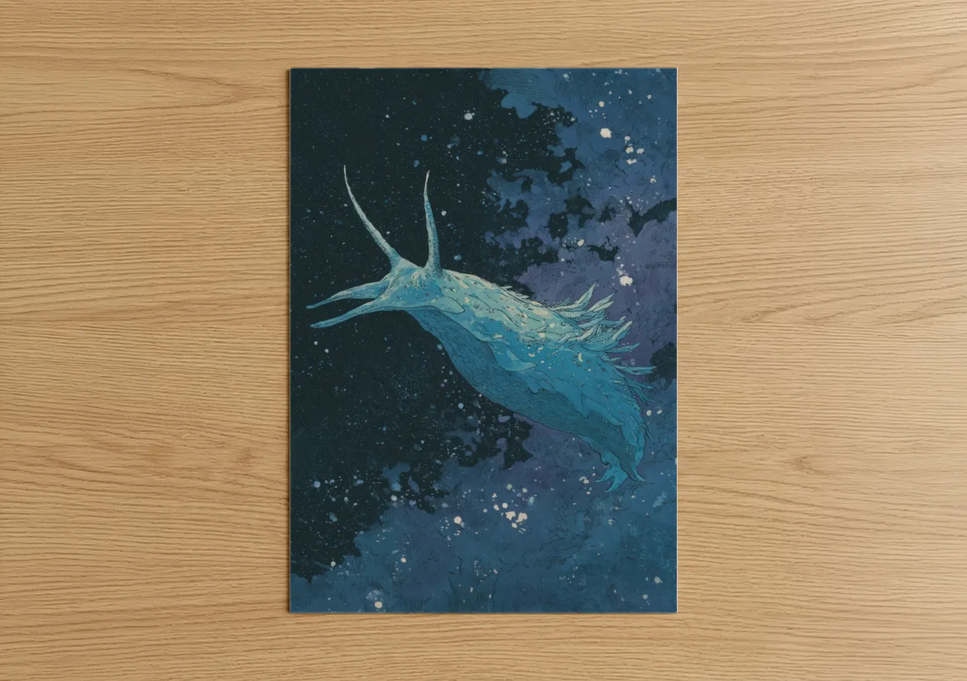 Art print on warm oak wood — blue and purple palette — Luminous Nudibranch poster