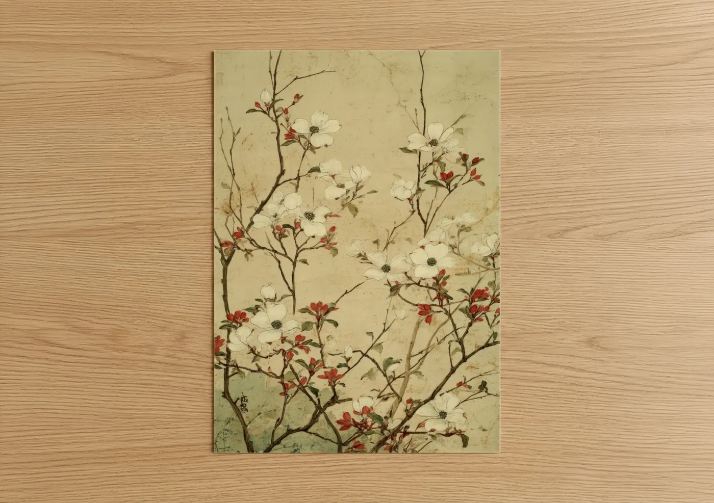 Crimson Dogwood Blossom Vintage Botanical Wall Art