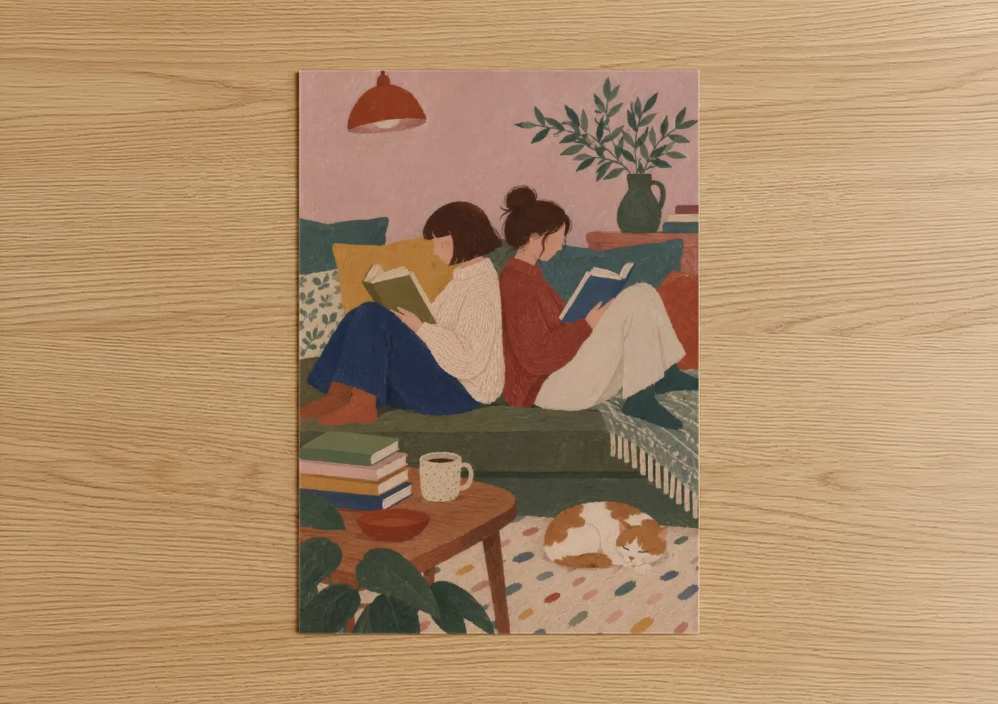 Art print on warm oak wood — peach and cream palette — Cozy Reading Couple With Cat Wall Art poster