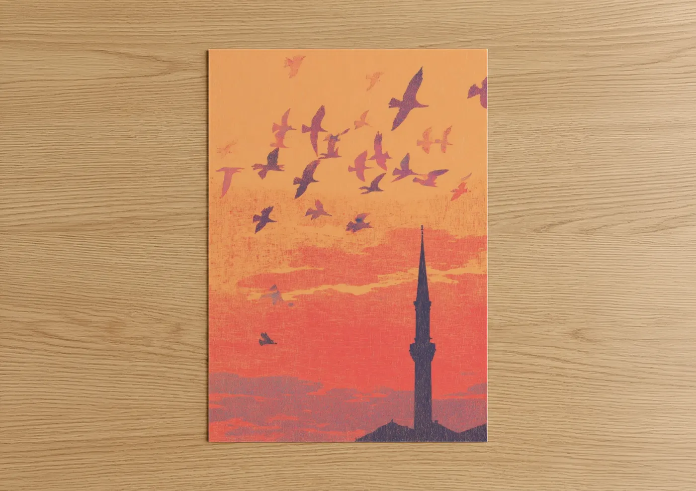 Islam art print on warm oak wood — gold and red palette — Sunset Minaret poster