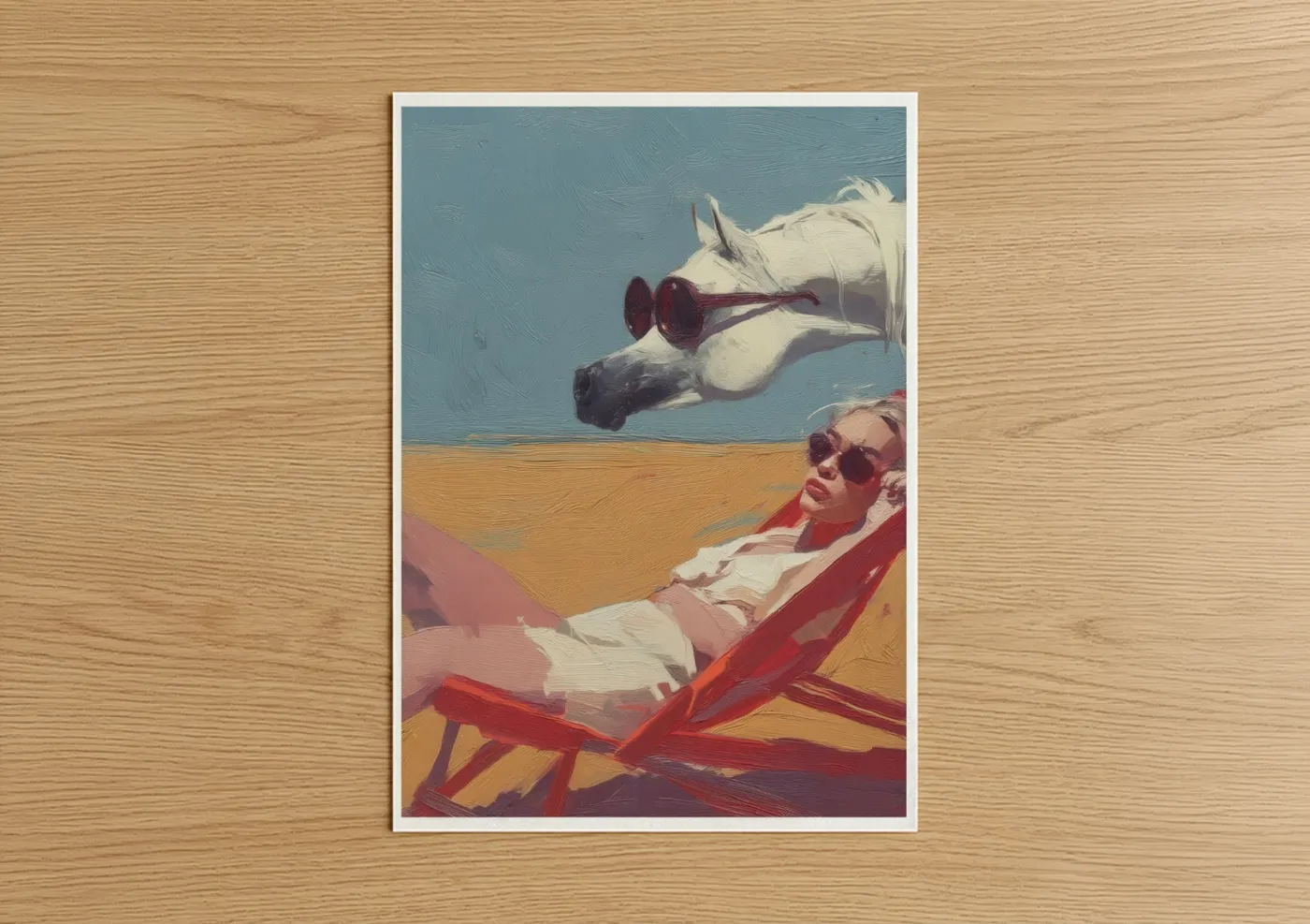 Art print on warm oak wood — blue and peach palette — Dreamy Arabian Horse poster