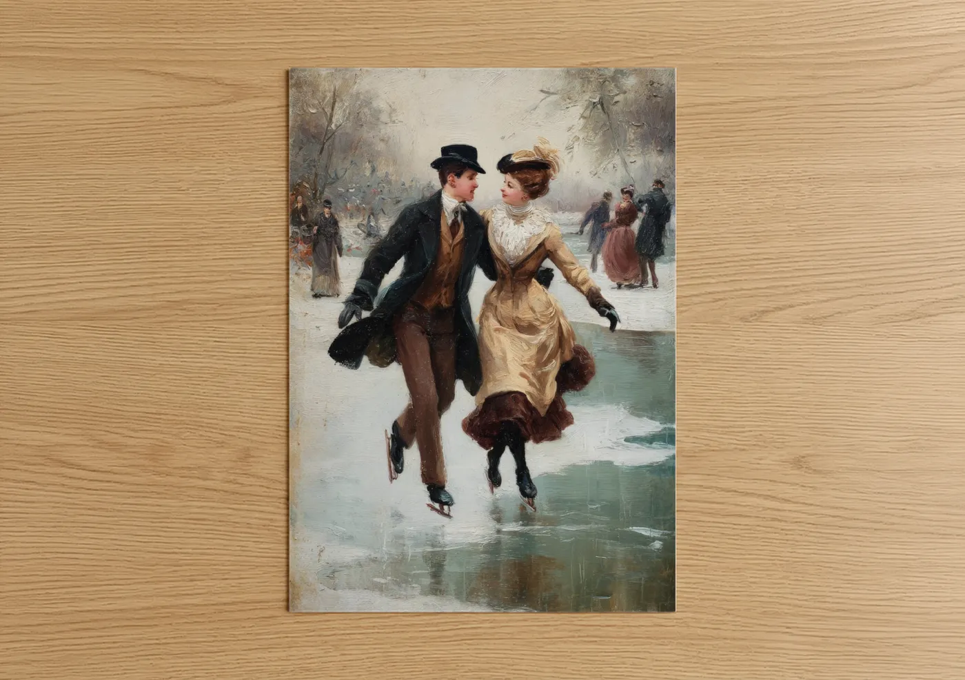 Romantic couple ice skating winter scene Wall Art