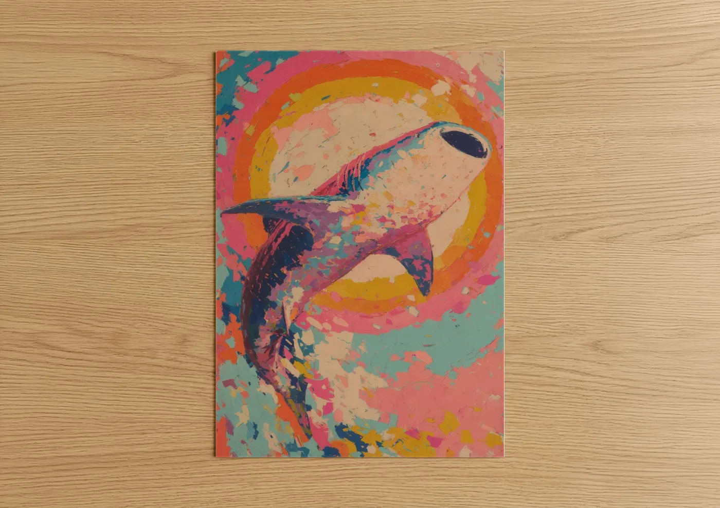 Art print on warm oak wood — magenta and gold palette — Colorful Whale Shark poster