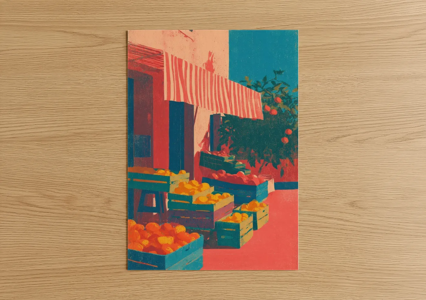 Art print on warm oak wood — red and teal palette — Colorful Market Store poster