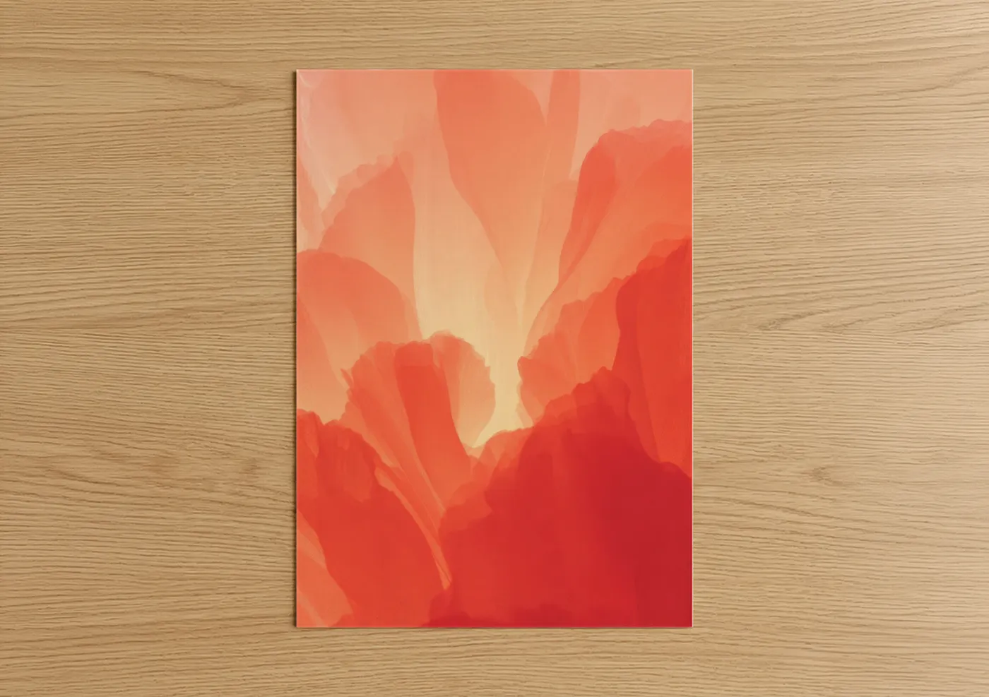 Art print on warm oak wood — red and orange palette — Crimson Supernova poster