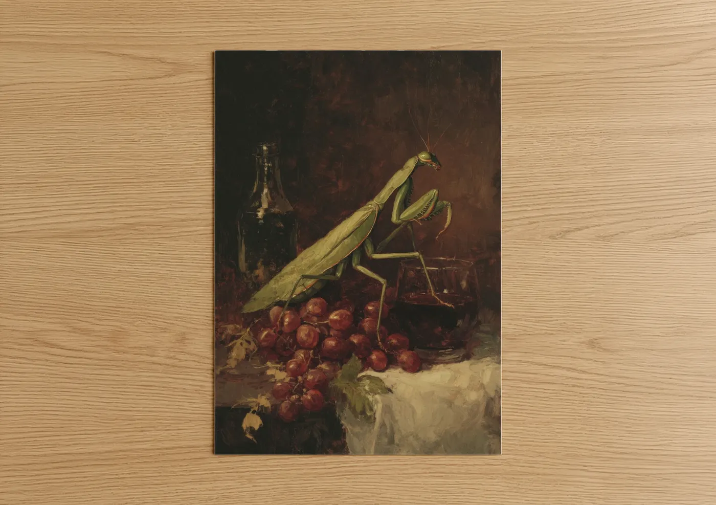 Prayin mantis art print on warm oak wood — brown and gold palette — Vintage Mantis poster
