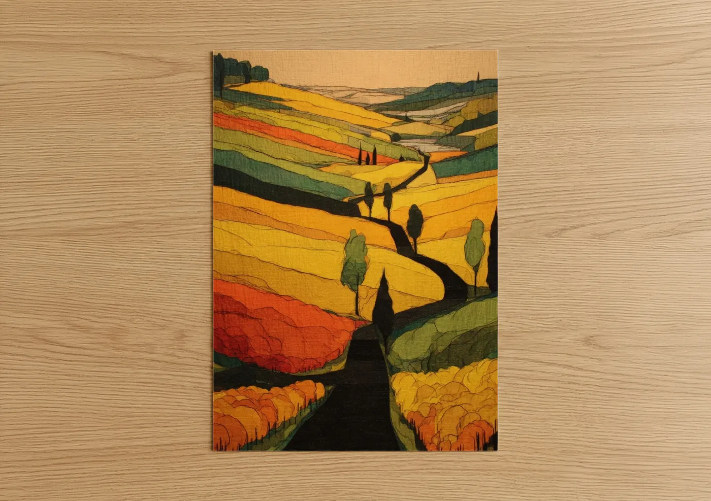 Vineyards art print on warm oak wood — yellow gold and orange palette — Golden Vineyard Valley poster