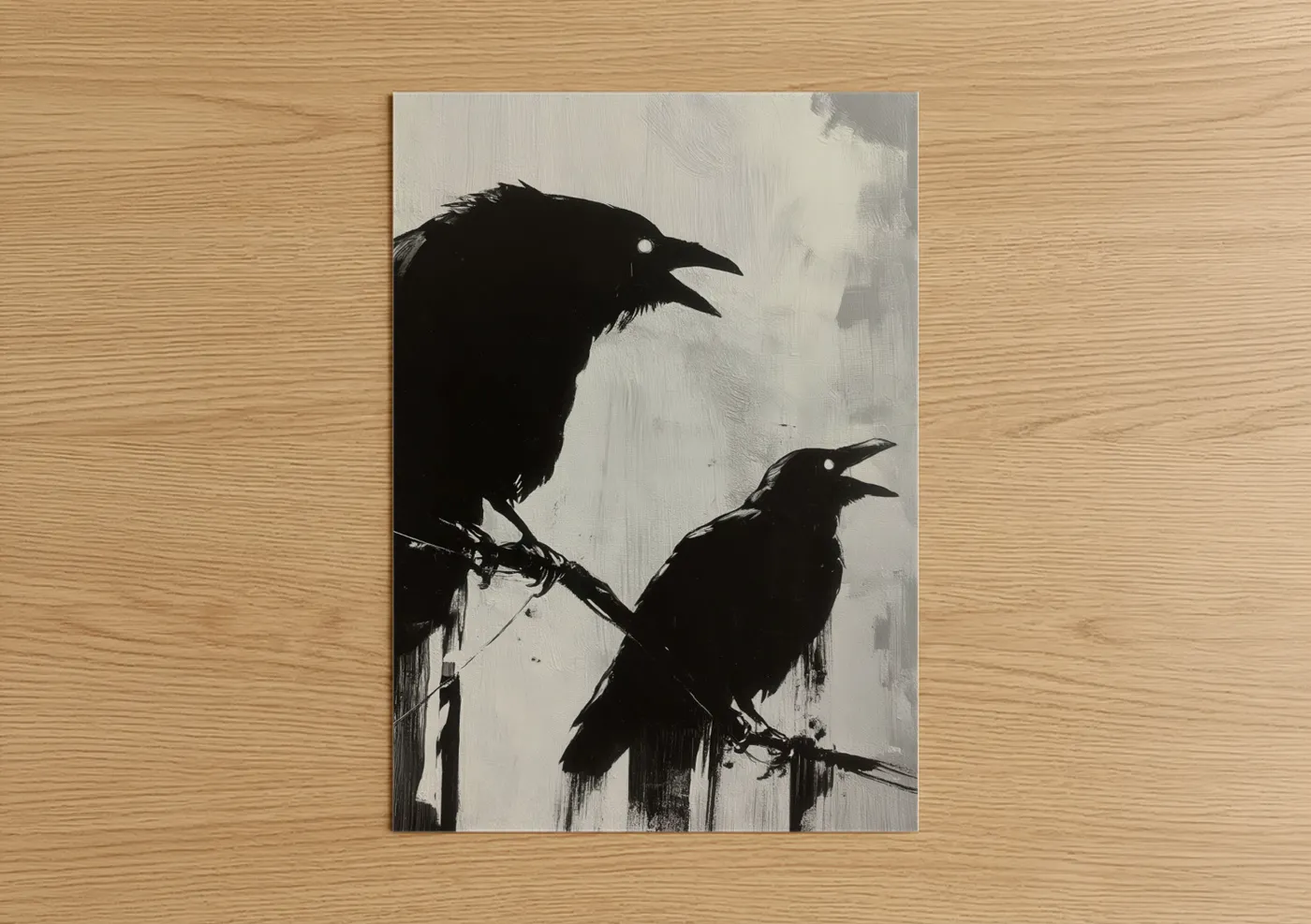 Dark Ravens on Branch Black White Wall Art