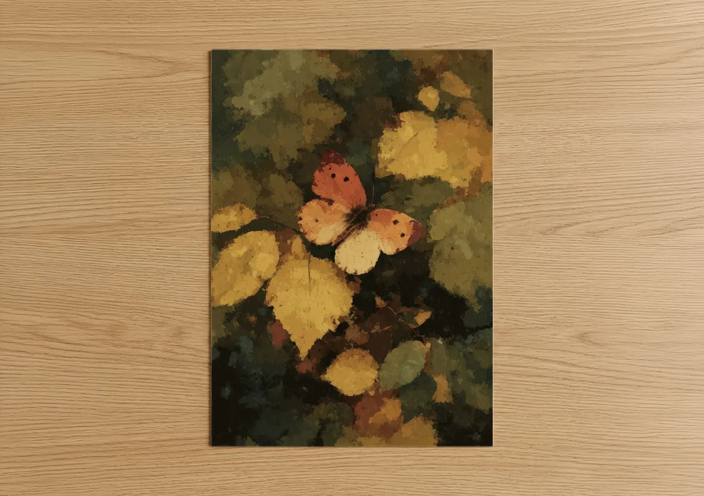 Art print on warm oak wood — yellow gold and olive palette — Autumn Butterfly poster