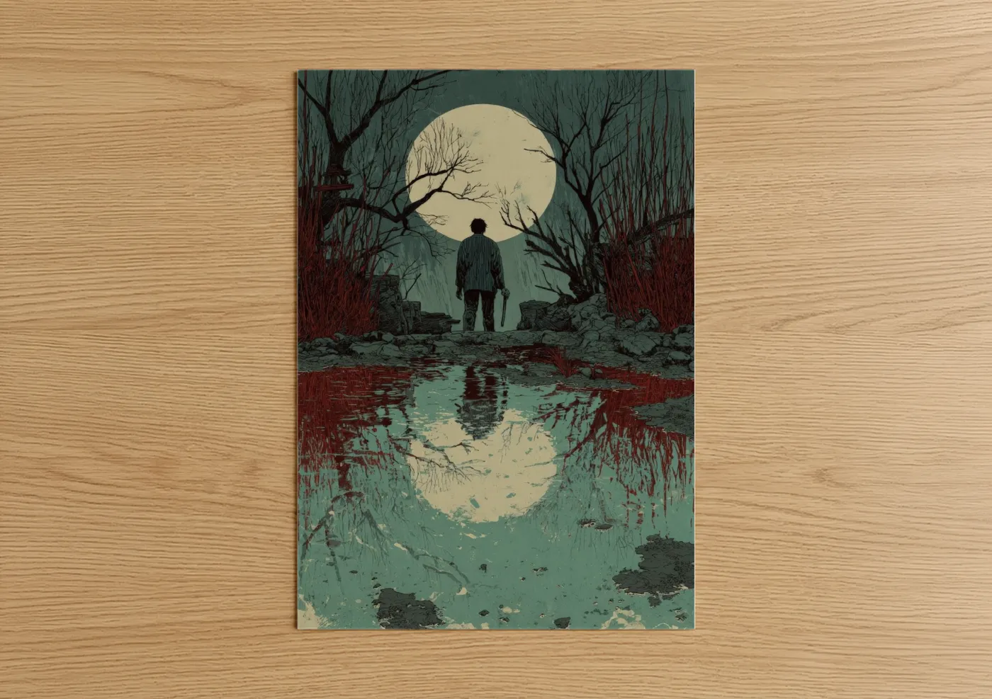 Art print on warm oak wood — teal and cream palette — Moonlit Zombie poster