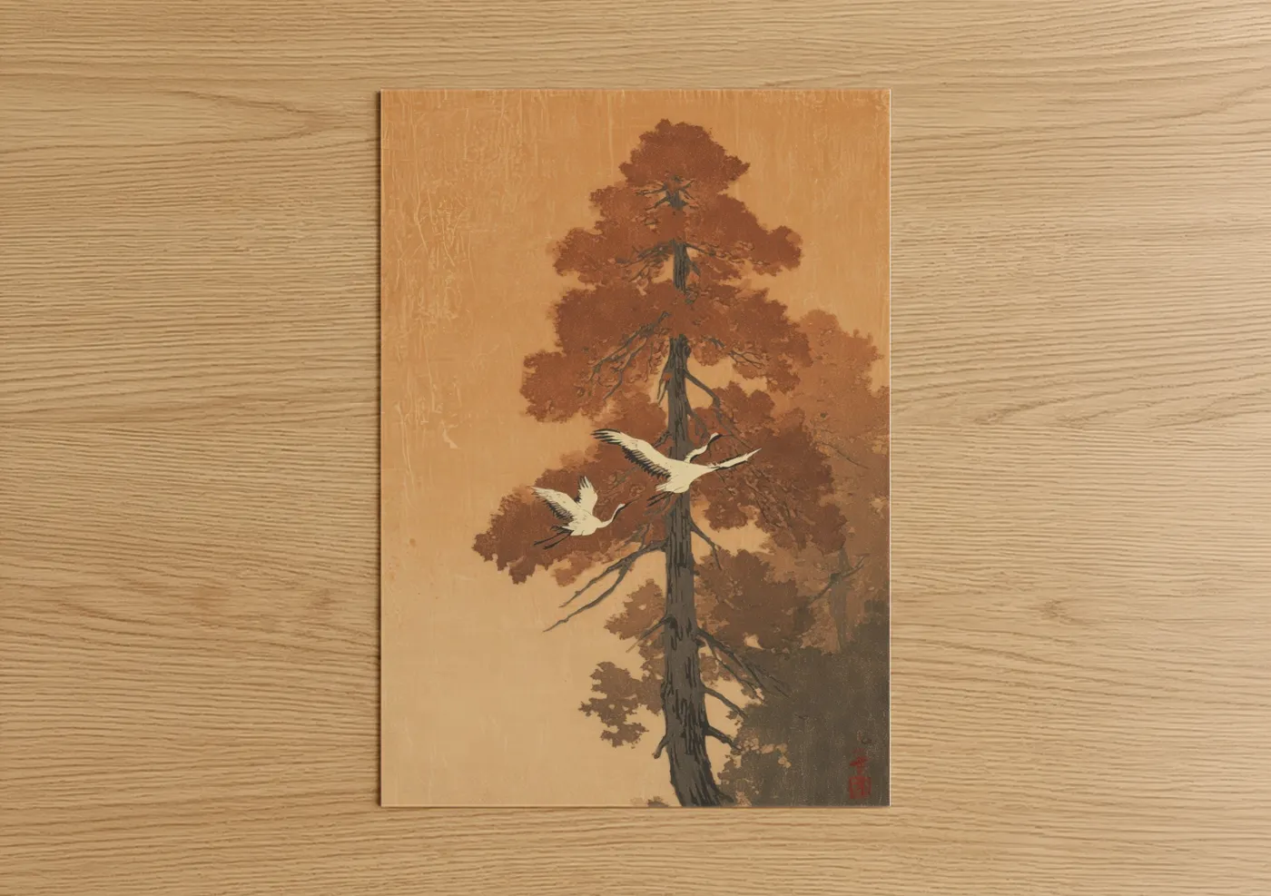 Cedar tree art print on warm oak wood — gold and brown palette — Soaring Cranes Cedar poster