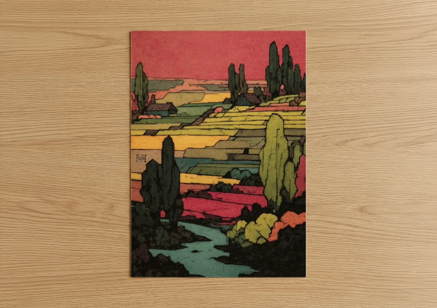 Vineyards art print on warm oak wood — red and gold palette — Tuscan Vineyard Sunset poster