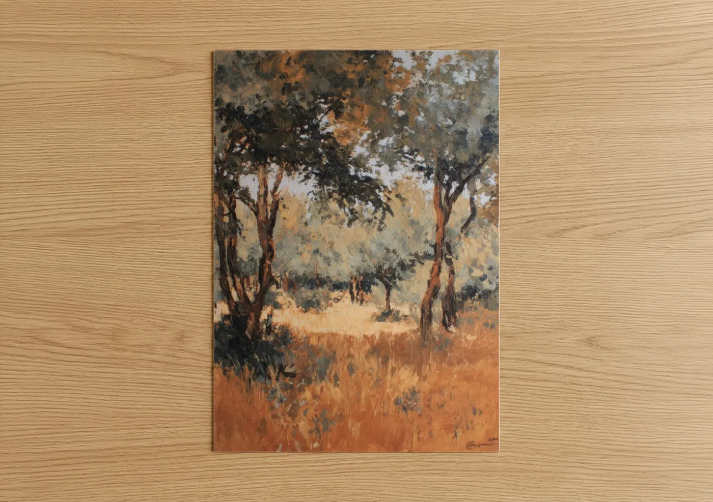 Savanna and desert trees art print on warm oak wood — gold and brown palette — Golden Savanna Trees poster