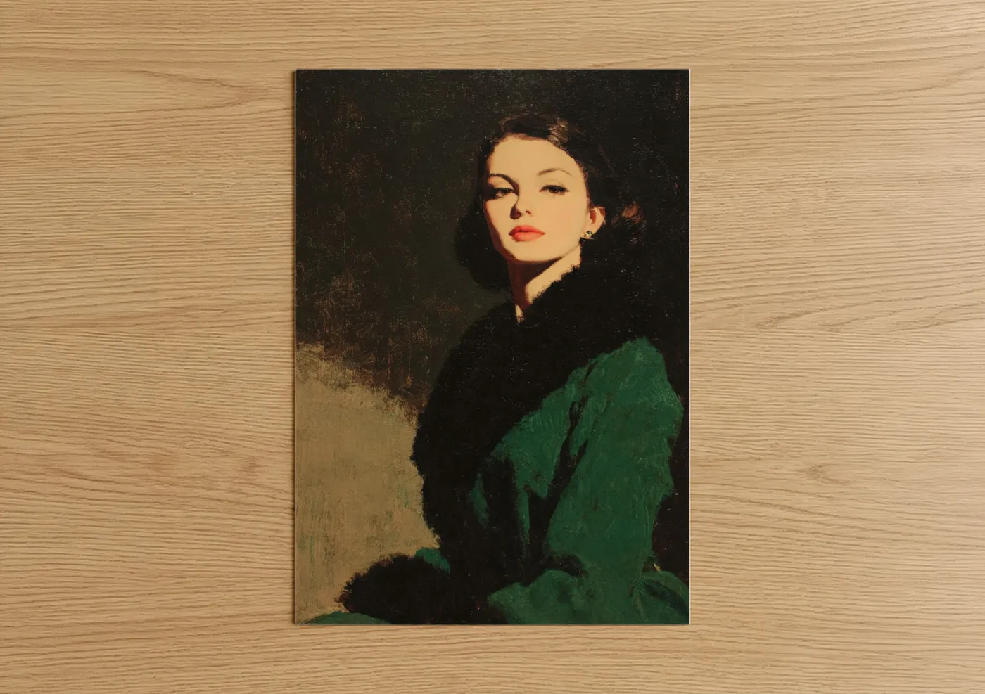Vintage fashion art print on warm oak wood — true green and brown palette — Emerald Portrait poster