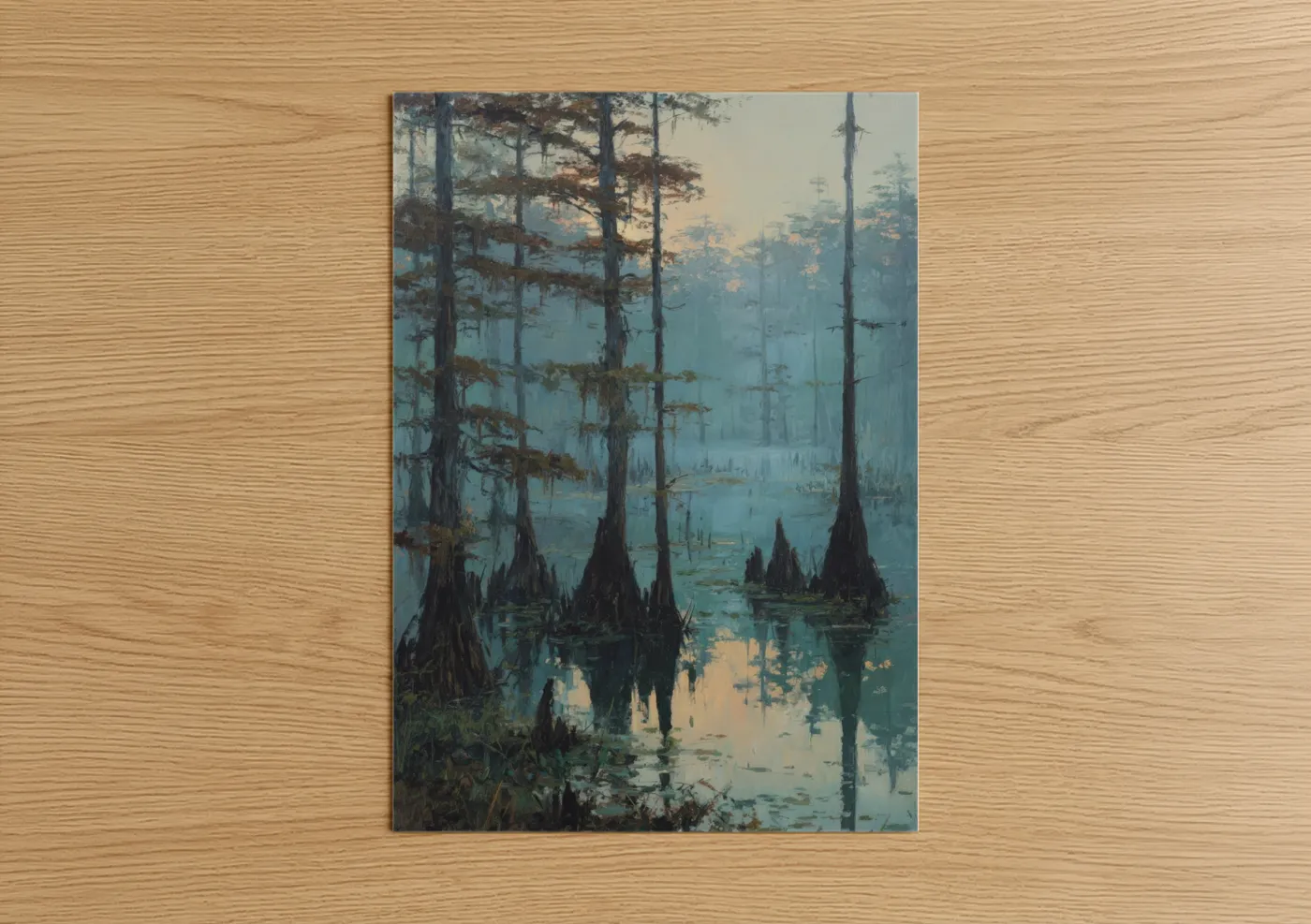 Cypress tree art print on warm oak wood — blue and gold palette — Misty Cypress Swamp poster
